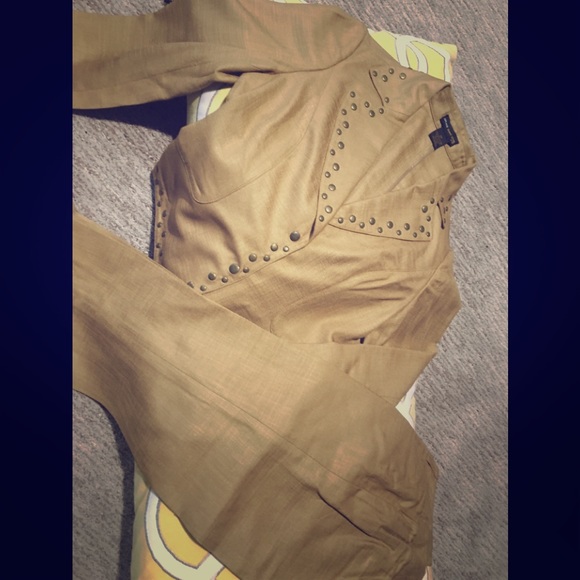 Designer tan pantsuit with gold studs - Picture 1 of 1